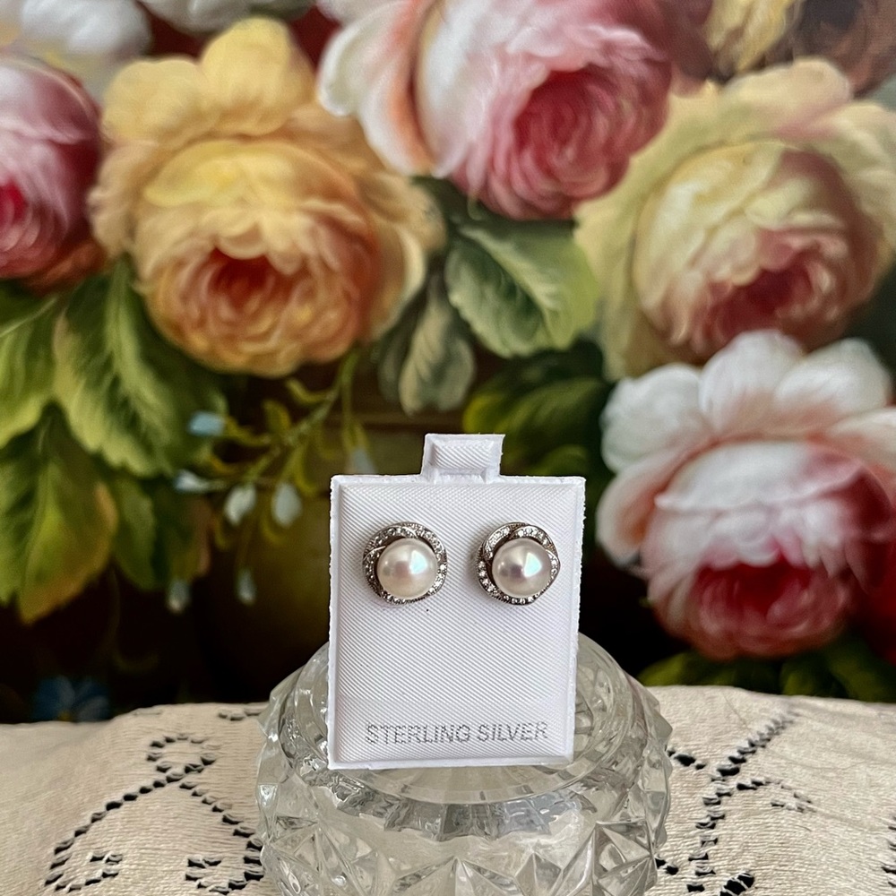 Cultured Pearl Pave’ set CZ in 925 Sterling Button Style Pierced Earrings